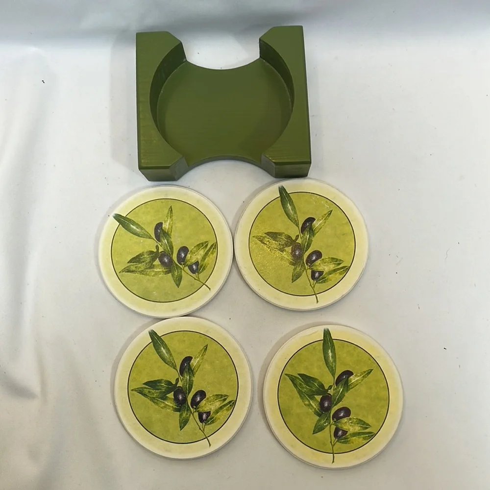 Sandstone Coasters with Olive Leaf Design and Green Wooden Holder-Set of 4